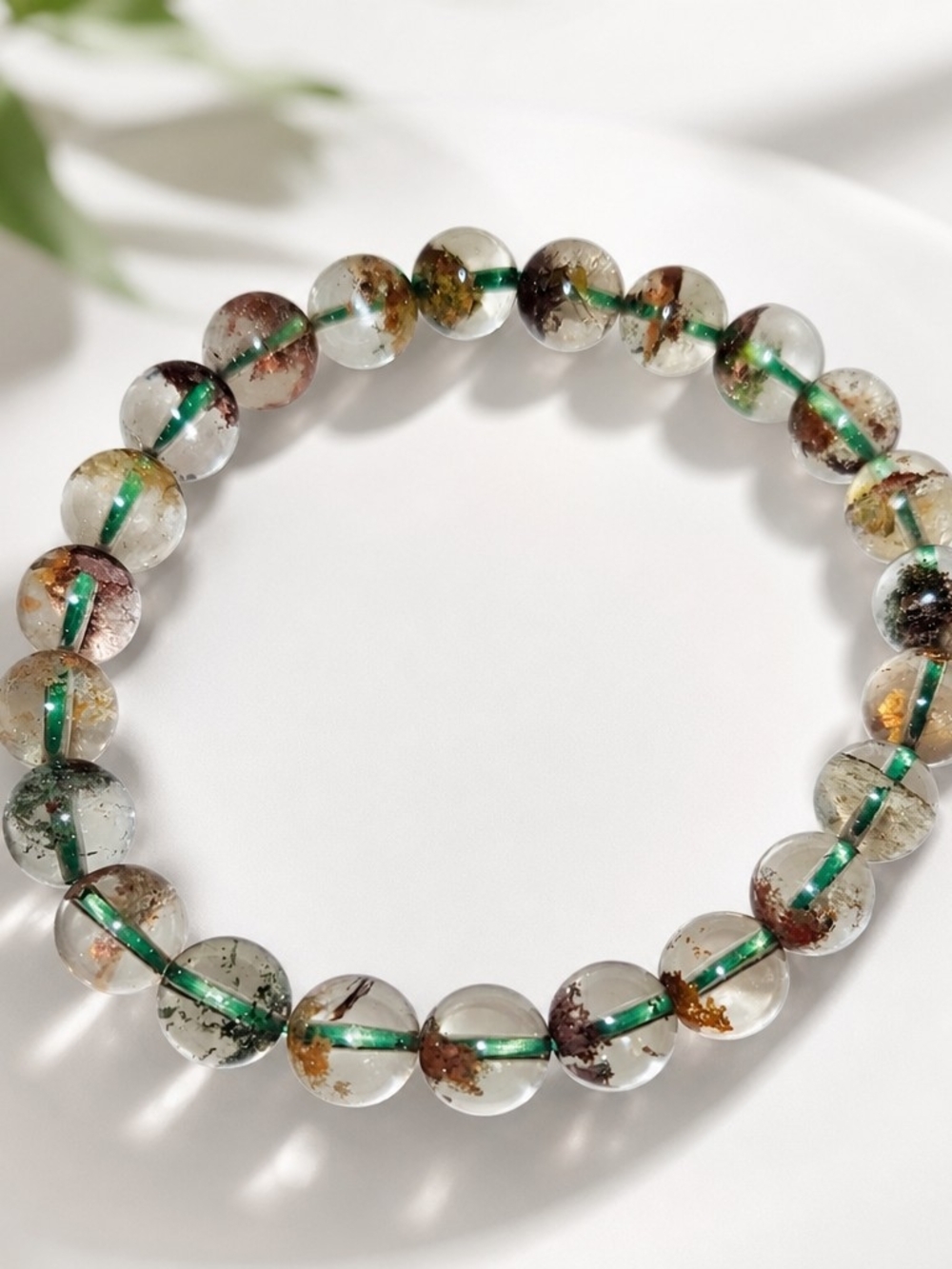 Clear 8mm Garden Quartz-Inclusion Beaded Stretch Bracelet - Green Accents